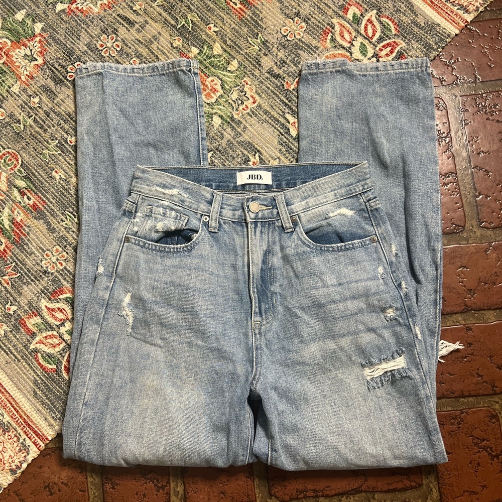 Just Black Denim factory distressed high rise cropped straight jeans